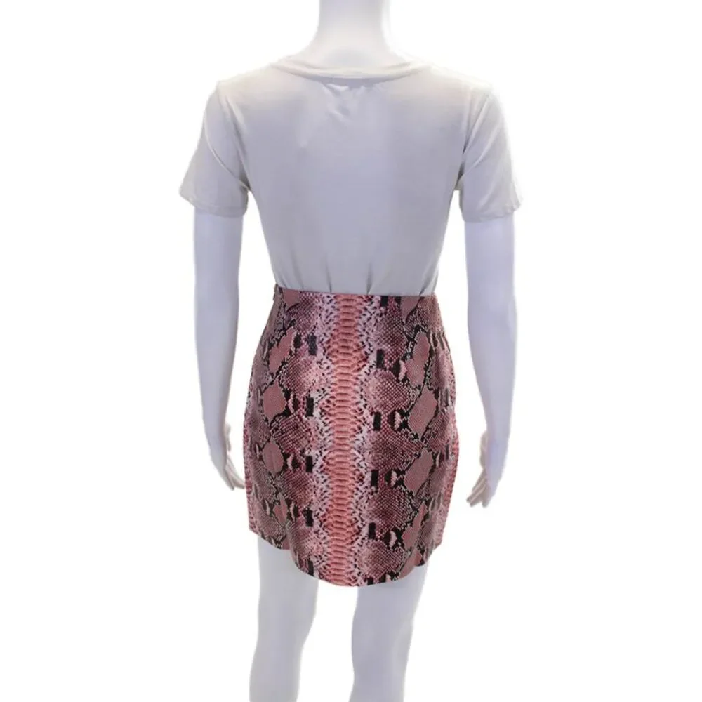Endless Rose Womens Vegan Leather Animal Print Zip Up Mini Skirt Pink Size XS